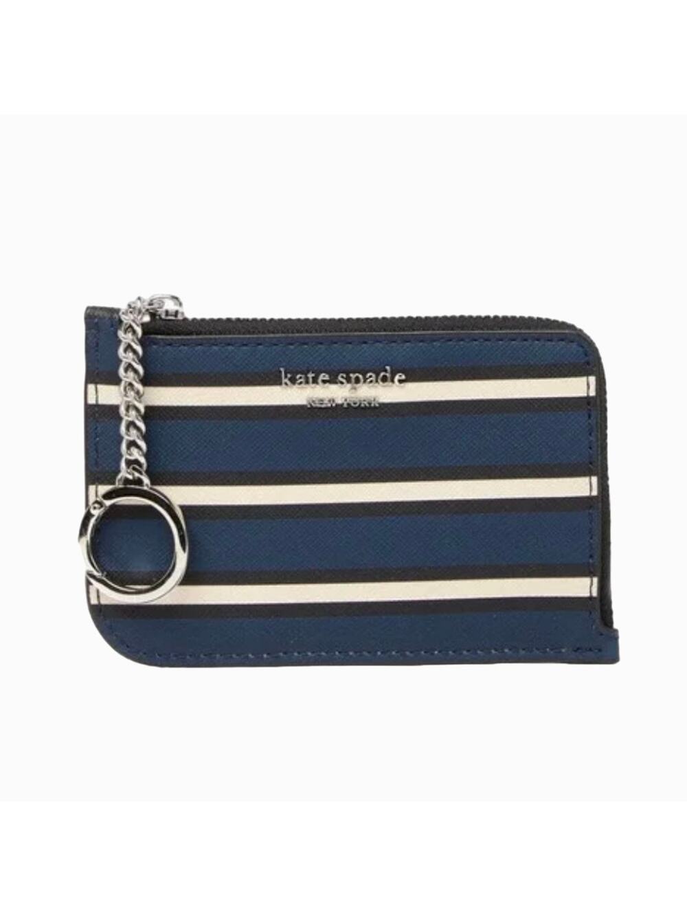 NWT Kate Spade Navy/Cream Stripe Leather Cameron York Medium L-Zip Wallet